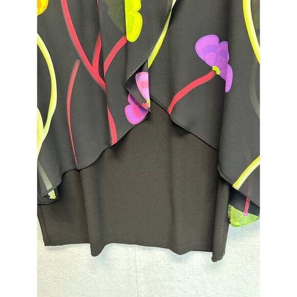 Women LS Black Floral Midi Dress 8 Boho Sheer Lined Quiet Luxury Asymmetric - Picture 10 of 13